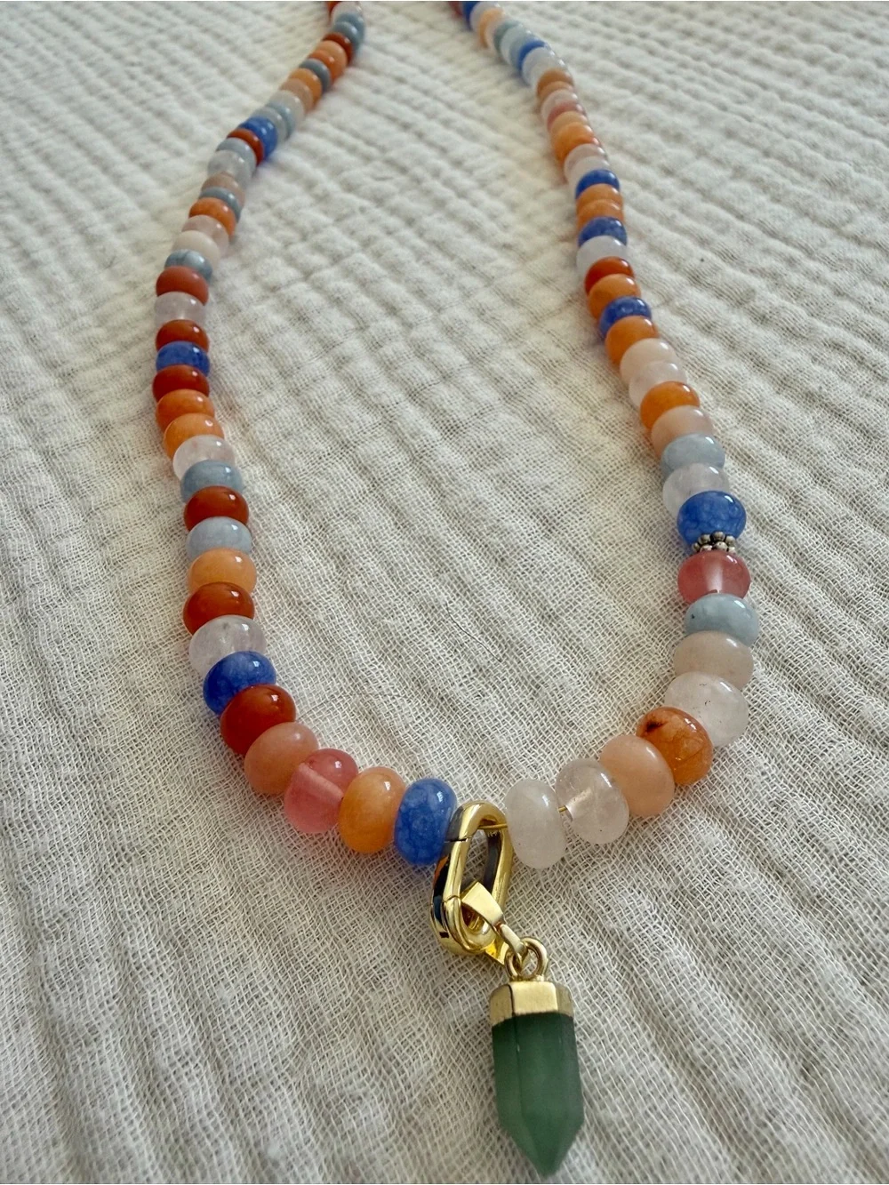 Blue Orange Pink Multicolor Jade Crystal Beaded Necklace with Green Gold Charm